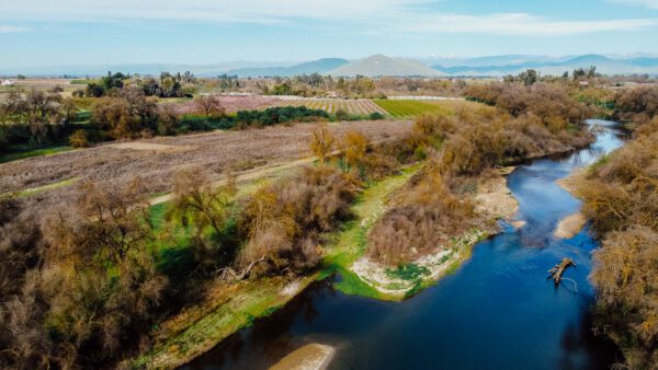 aerial photo of river with green grass and brown brush littering the banks