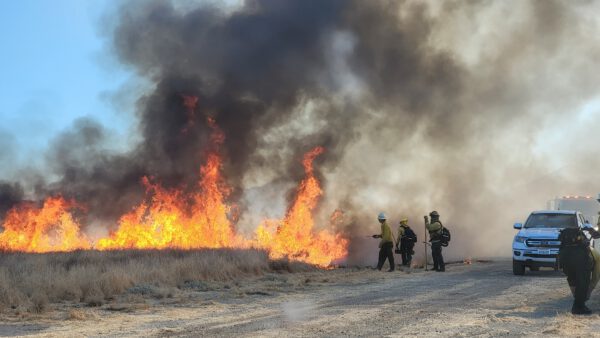 brown grass burning along dirt road with three people monitoring