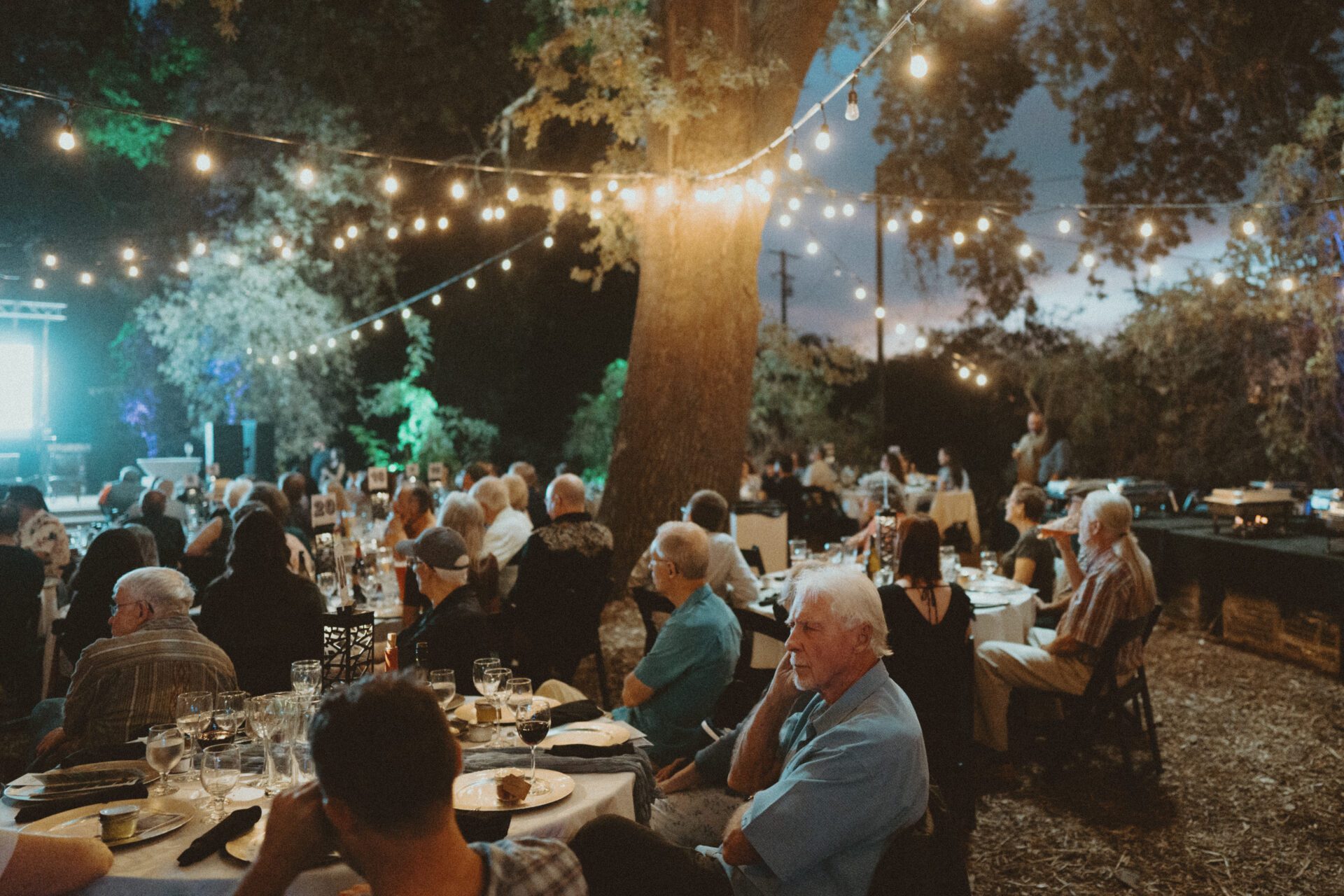 group of people underneath string lights sitting at a table